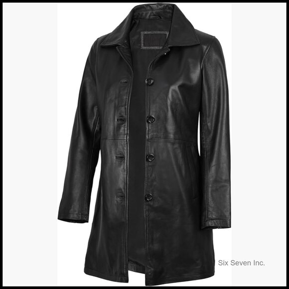 Real Lambskin Leather Car Coat 3/4 Length Button Zipper Closure